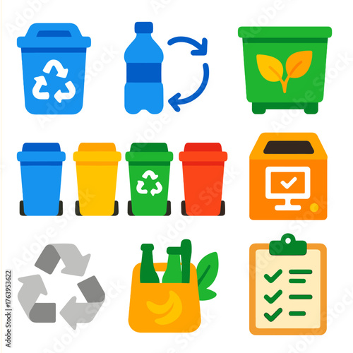 Colorful Recycling Icons. Flat vector icons of waste sorting and recycling systems: paper recycling bin, plastic bottle sorting