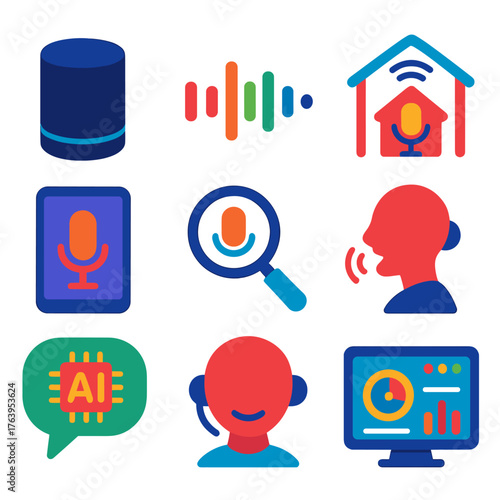 Voice Assistant Icons. Flat vector icons of voice assistants and smart interfaces: voice assistant speaker, waveform sound