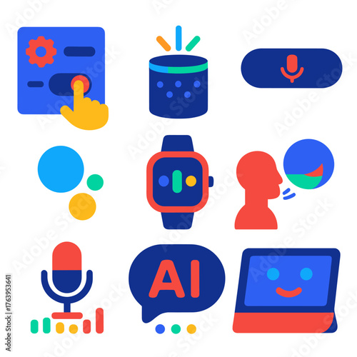 Smart Interface Icons. Flat vector icons of voice assistants and smart interfaces: user enabling voice assistant in settings,