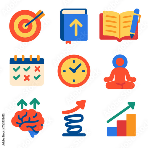 Personal Growth Icons. Flat vector icons of personal development and growth skills: setting personal goals, reading