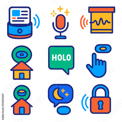 Smart Interface Icons. Flat vector icons of voice assistants and smart interfaces: voice assistant showing news update, microphone