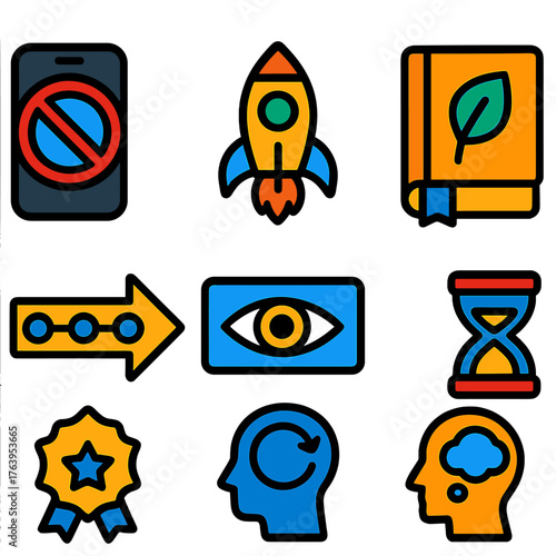 Personal Growth Icons. Flat vector icons of personal development and growth skills: digital detox icon with unplugged phone,