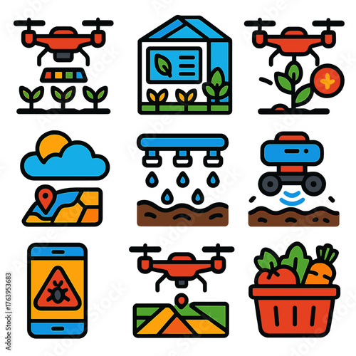 Smart Agriculture Icons. Flat vector icons of smart agriculture and drone farming: AI drone with multi-crop scanner, smart