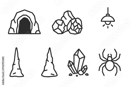Dark Crystal Icons. Line style icons of Dark Crystal Cave: Shadowy Entrance, Jagged Rocks, Broken Geode, Dim Light, Stalactite,