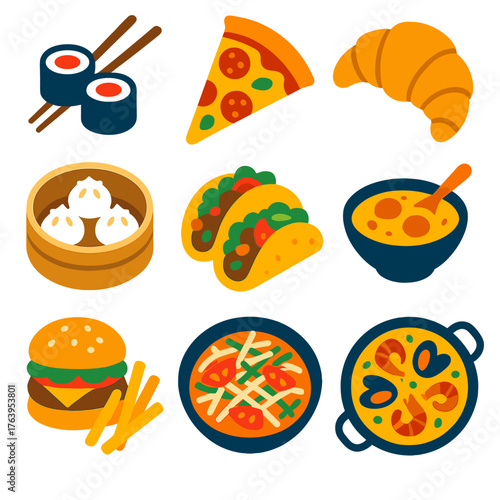 International Cuisine Icons. Flat vector icons of international cuisine and world foods: sushi rolls with chopsticks, Italian