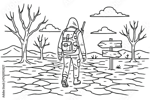 Desert Wasteland Survivor. Lonely survivor walking through a desert wasteland with cracked ground, skeleton trees, and broken