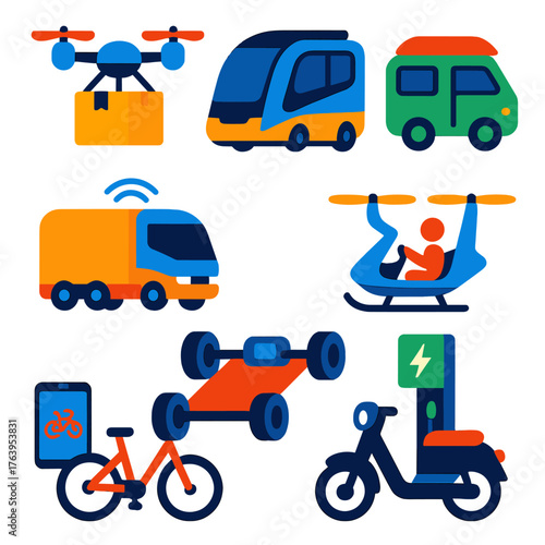 Future Mobility Icons. Flat vector icons of future mobility: drone delivery box, futuristic autonomous tram, compact electric