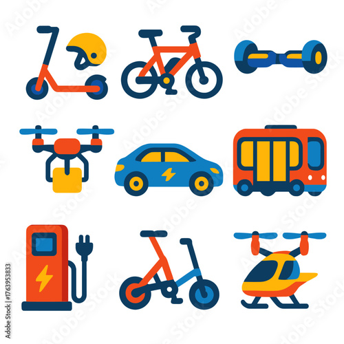 Future Mobility Icons. Flat vector icons of future mobility: electric scooter with helmet, foldable e-bike frame, self-balancing