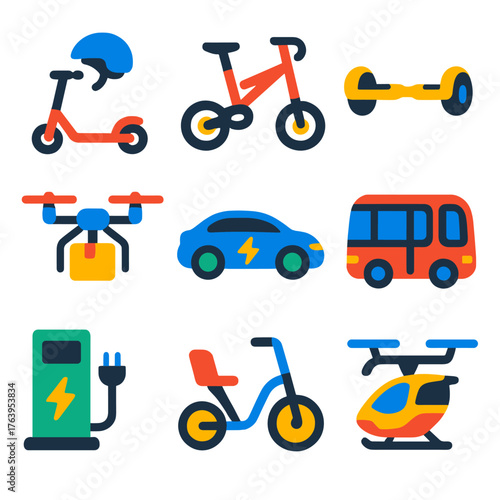 Future Mobility Icons. Flat vector icons of future mobility: electric scooter with helmet, foldable e-bike frame, self-balancing