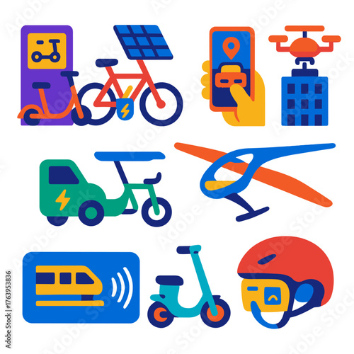Futuristic Mobility Icons. Flat vector icons of future mobility: e-scooter rental kiosk, solar-charging smart bike, EV