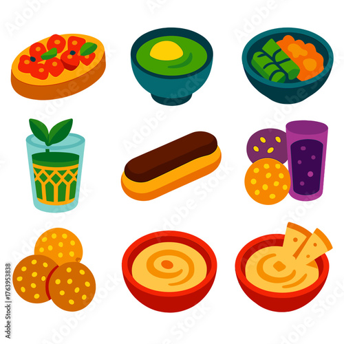 World Cuisine Icons. Flat vector icons of international cuisine and world foods: Italian bruschetta with tomatoes, Japanese matcha
