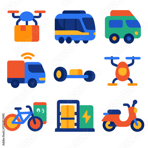 Future Mobility Icons. Flat vector icons of future mobility: drone delivery box, futuristic autonomous tram, compact electric