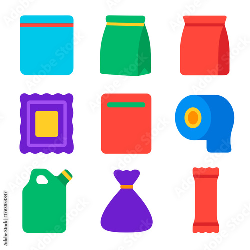 Colorful Packaging Icons. Flat vector icons of flexible packaging types: ziplock bag icon, roll-up pouch, stand-up pouch with