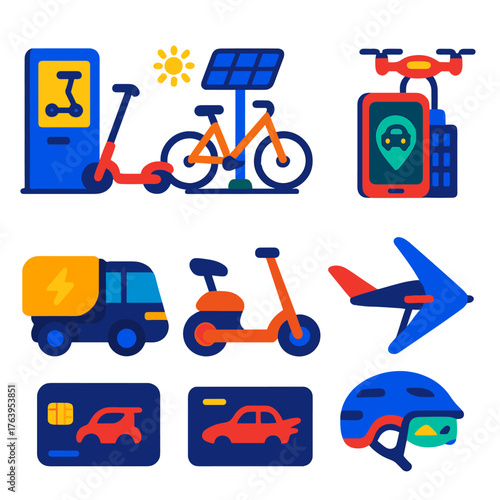 Futuristic Mobility Icons. Flat vector icons of future mobility: e-scooter rental kiosk, solar-charging smart bike, EV