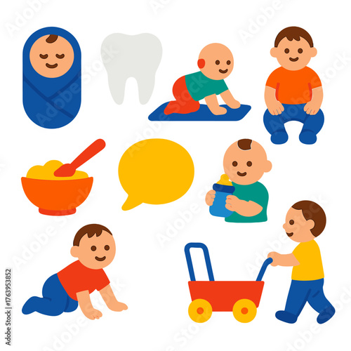 Baby Milestones Icons. Flat vector icons of parenting and baby milestones: newborn baby swaddled, first tooth eruption, crawling