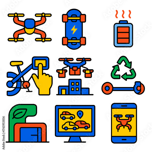 Future Mobility Icons. Flat vector icons of future mobility: lightweight urban drone, next-gen electric longboard, battery heat
