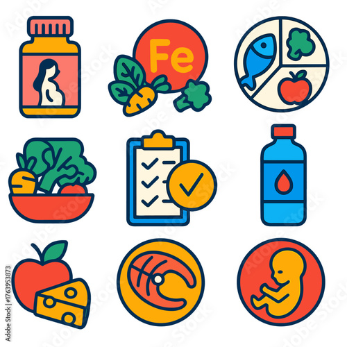 Pregnancy Nutrition Icons. Flat vector icons of nutrition during pregnancy: prenatal vitamins bottle, folate-rich food, iron
