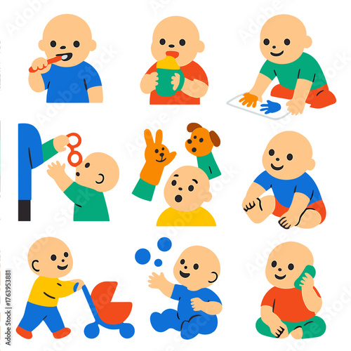 Baby Milestone Icons. Flat vector icons of parenting and baby milestones: baby imitating brushing teeth, baby holding sippy cup,