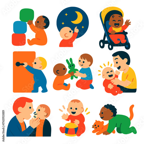 Baby Milestone Icons. Flat vector icons of parenting and baby milestones: baby stacking large soft blocks, baby pointing at moon,