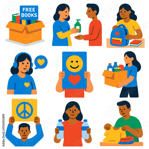 Volunteerism Icons Set. Flat vector icons of volunteerism and social good: free books box on sidewalk, handing sanitizer to