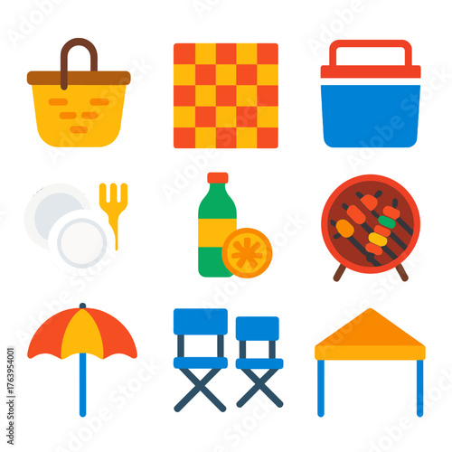 Modern Picnic Icons. Flat vector icons of picnic and outdoor gathering: picnic basket icon, checkered blanket, cooler box,