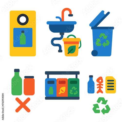 Waste Sorting Icons. Flat vector icons of waste sorting and recycling systems: deposit refund machine, compost pail under sink,