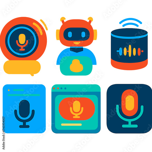 Smart Interface Icons. Flat vector icons of voice assistants and smart interfaces: smart thermostat with voice input, voice
