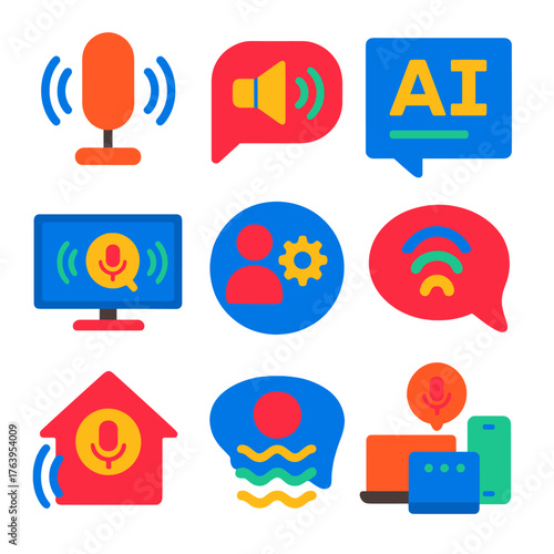 Smart Voice Icons. Flat vector icons of voice assistants and smart interfaces: microphone with wave rings, volume via speech