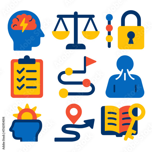 Personal Growth Icons. Flat vector icons of personal development and growth skills: mental resilience icon, life balance scale,