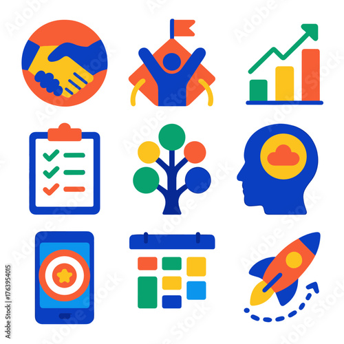 Growth Skill Icons. Flat vector icons of personal development and growth skills: personal commitment handshake, challenge accepted