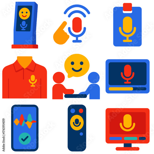 Smart Voice Icons. Flat vector icons of voice assistants and smart interfaces: voice assistant in public kiosk, contactless voice