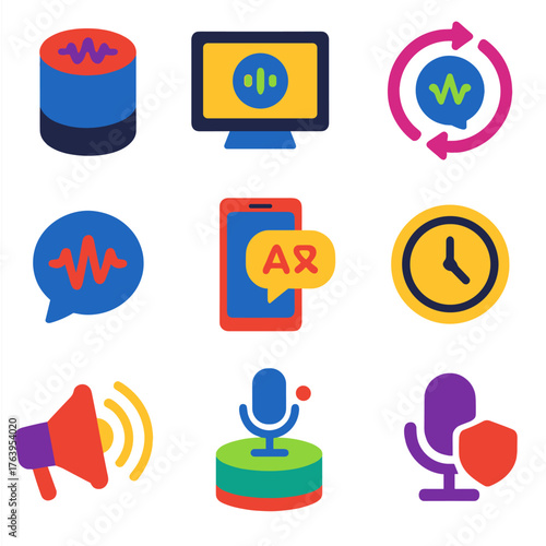 Colorful Smart Icons. Flat vector icons of voice assistants and smart interfaces: conference room voice assistant, smart panel