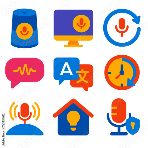 Colorful Smart Icons. Flat vector icons of voice assistants and smart interfaces: conference room voice assistant, smart panel