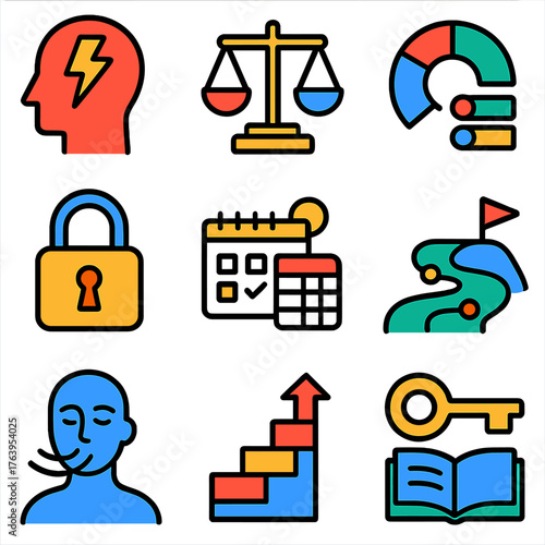 Personal Growth Icons. Flat vector icons of personal development and growth skills: mental resilience icon, life balance scale,
