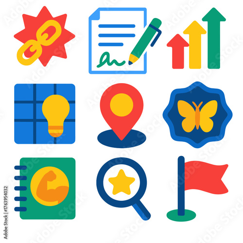 Personal Growth Icons. Flat vector icons of personal development and growth skills: habit reinforcement chain, commitment