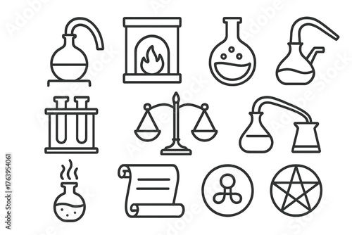 Esoteric Lab Icons. Line style icons of Esoteric Laboratory: Retort, Furnace, Flask, Glass Tubes, Weighing Scales, Alembic,
