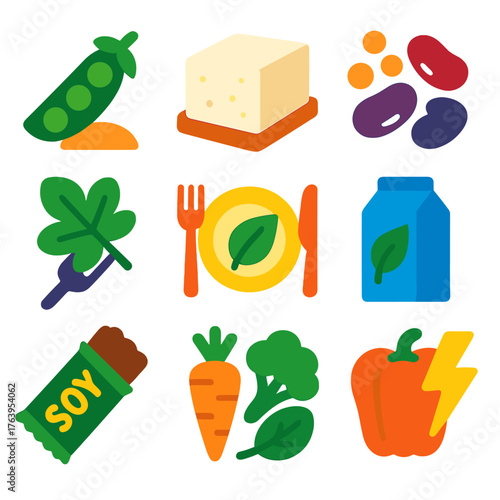 Vibrant Plant-Based Icons. Flat vector icons of plant-based nutrition: plant protein source icon, tofu block symbol, lentils and
