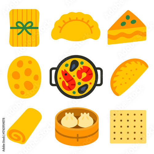 Global Food Icons. Flat vector icons of traditional food items: tamale, pierogi, baklava slice, naan bread, paella dish, empanada,