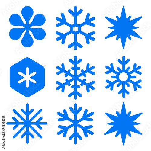 Bold Snowflake Icons. Flat vector icons of blue snowflakes: frosty geometric petal, wheel-shaped snow symbol, razor frost star.