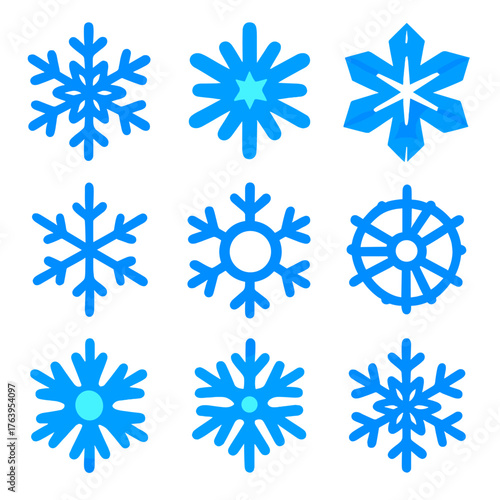 Modern Snowflake Icons. Flat vector icons of blue snowflakes: frozen star fractal, radial glow ice flake, icy star with layers.