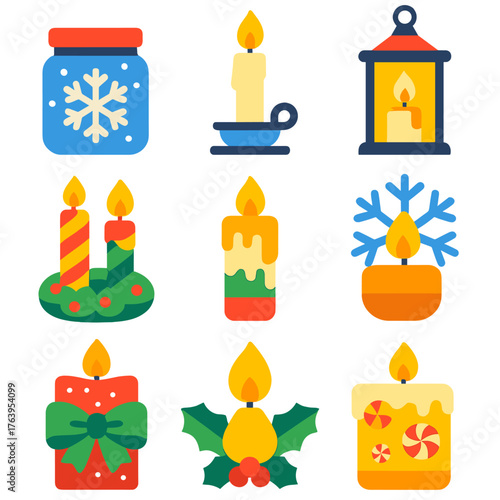 Festive Candle Icons. Flat vector icons of Christmas candles: jar candle with red lid and snow design, white wax candle in silver