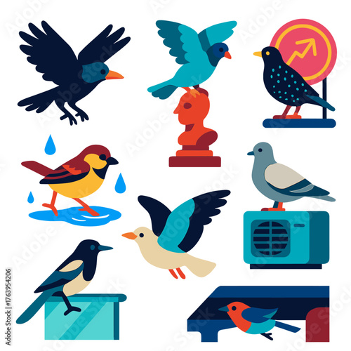 City Bird Icons. Flat vector icons of city birds: urban crow spreading wings, pigeon landing on statue, sparrow hopping through