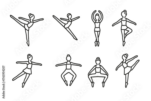 Ballet Movement Icons. Line style icons of Ballet Movements: Arabesque, Jeté, Relevé, Pirouette, Assemblé, Glissade, Plié,