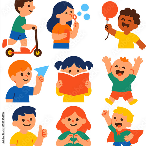 Playful Kids Icons. Flat vector icons of cartoon kids: kid on scooter, girl blowing bubbles, cheerful child with balloon. Boy