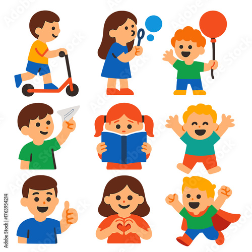 Playful Kids Icons. Flat vector icons of cartoon kids: kid on scooter, girl blowing bubbles, cheerful child with balloon. Boy