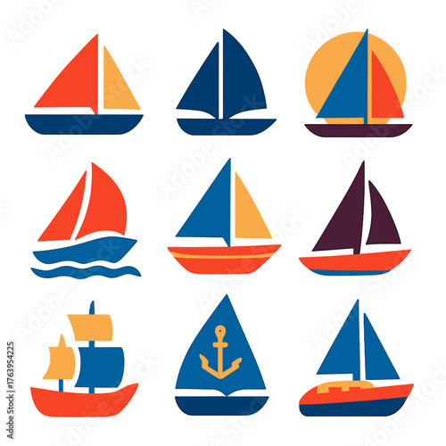 Vibrant Sailing Icons. Flat vector icons of sailing boat silhouettes: coastal cruiser with large hull, silhouette with layered