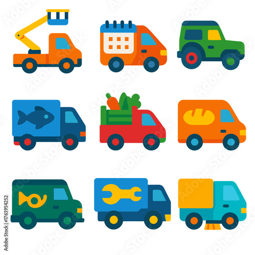 Modern Vehicle Icons. Flat vector icons of van, truck and lorry: elevated truck for stage lighting, event logistics van with