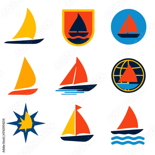 Sailing Boat Icons. Flat vector icons of sailing boat silhouettes: long elegant hull with full sail, classic silhouette in crest