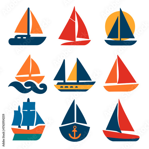 Vibrant Sailing Icons. Flat vector icons of sailing boat silhouettes: coastal cruiser with large hull, silhouette with layered