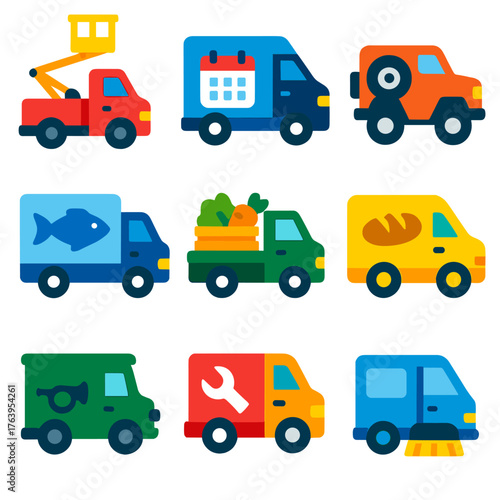 Modern Vehicle Icons. Flat vector icons of van, truck and lorry: elevated truck for stage lighting, event logistics van with